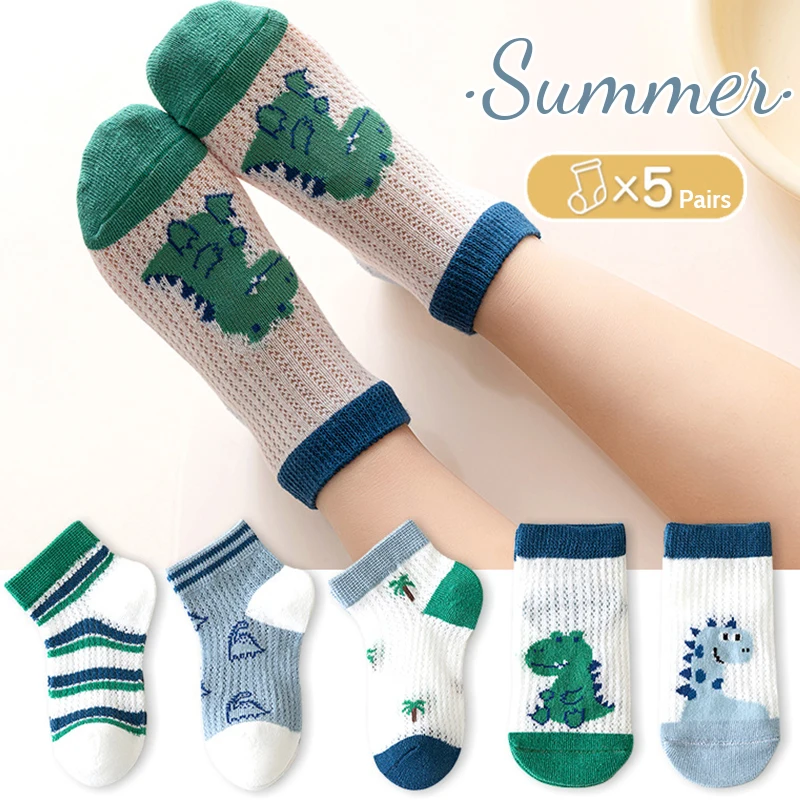 

5 Pairs Baby Boys Dinosaur Pattern Socks Comfortable Breathable Casual Soft Kids Girls Socks Summer Casual Children Socks 1-12Y