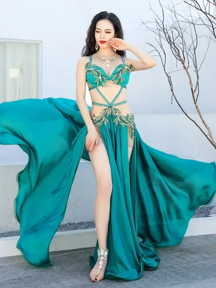 Top Women Egyptian Belly Dance Costume Set Popsong Performance Oriental Dance Outfit Group Competition Costumes Maxi Satin Skirt