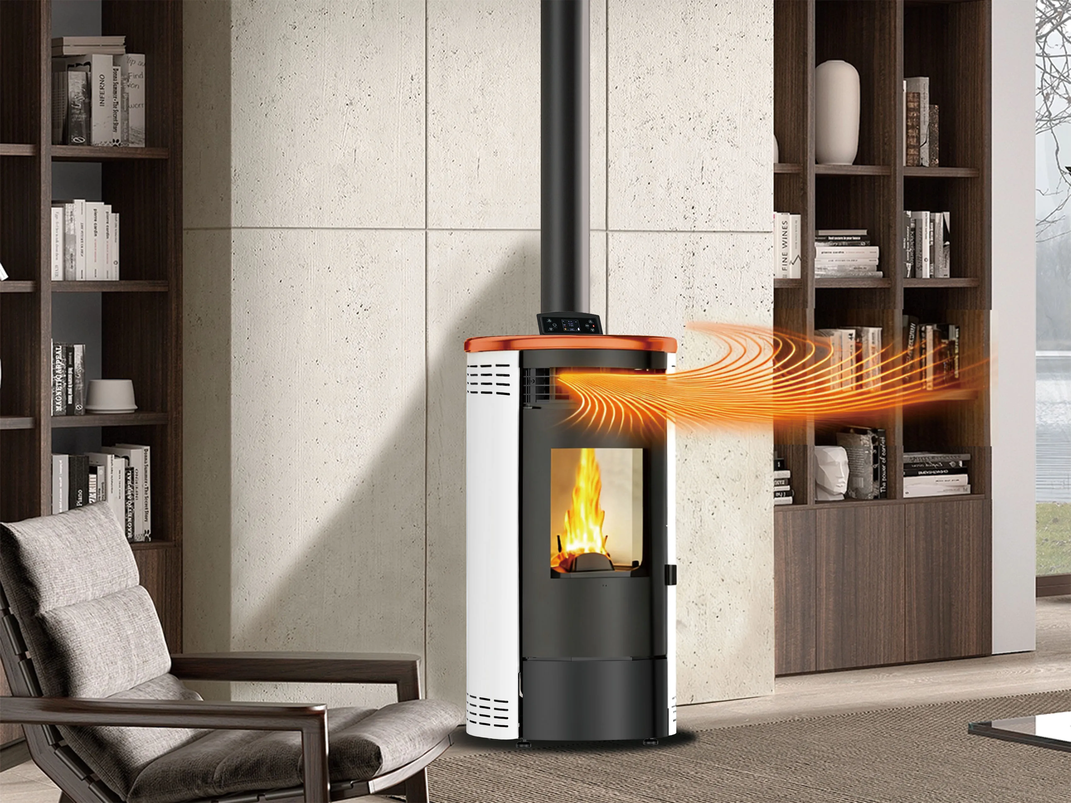 

ЭКО-ДИЗАЙН: Высокоэффективная (89%) современная печь на древесных пеллетах с герметичным сжиганием, Wi-Fi управлением и керамической верхней крышкой для использования внутри помещений