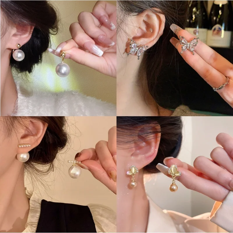 Light Luxury Pearl Stud Earrings with Butterfly Zircon S925 Silver Needle Femininity Long Fringed Earrings Pink Heart Earrings