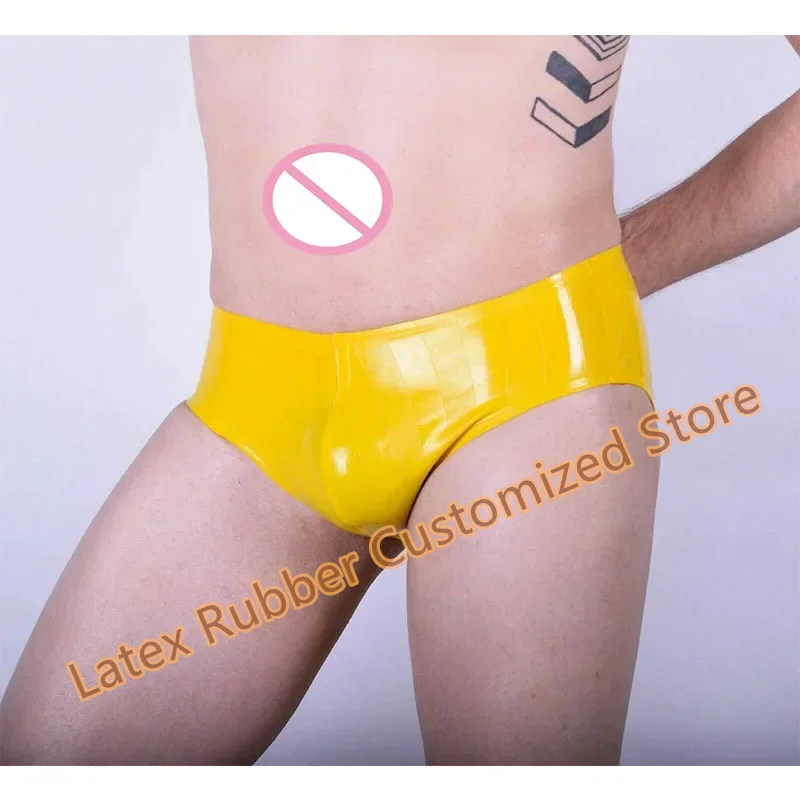 

Handmade Latex Briefs Yellow Panties Sexy Rubber Fetish Underwear Party Tight Shorts Cosplay Costumes