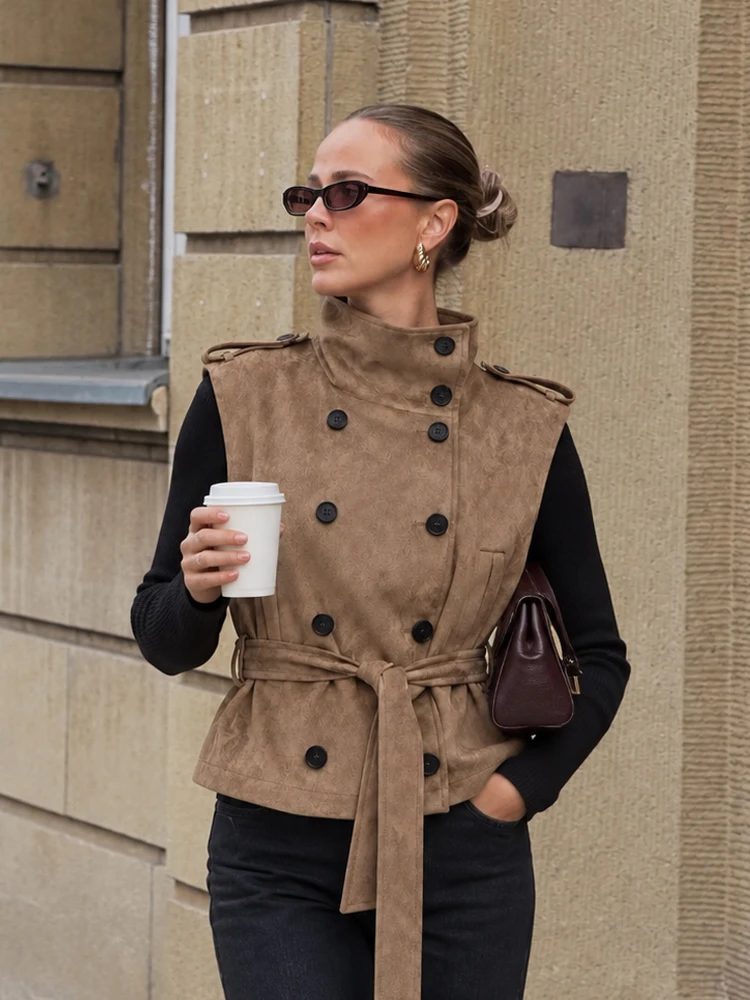 HH Women Vintage Stand Collar Tie Top Double Breasted Placket Faux Suede Vest With Epaulets 2026 New Cargo Style Street Outfit