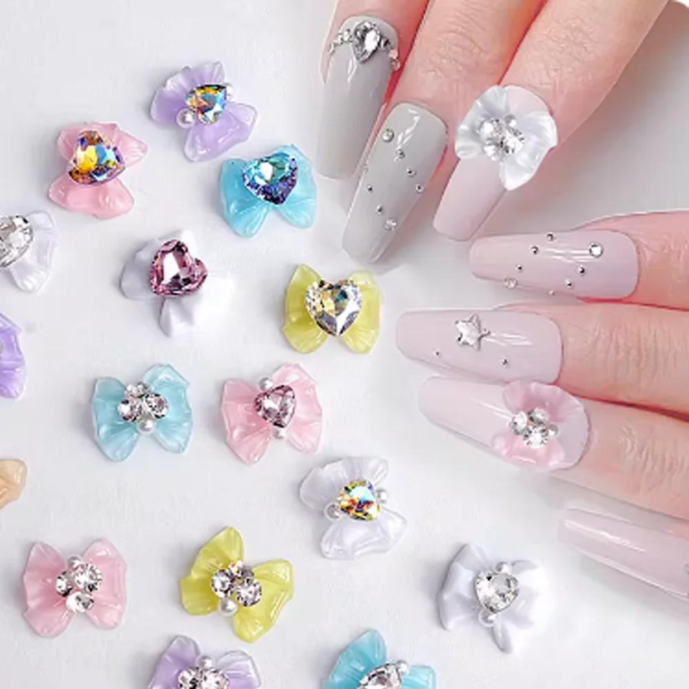10Pcs Sailor Heart Moons Nail Charms 3D Resin Ice-Transparent Crystal Diamond Bow Nail Art Decoration Cute DIY Nail Supplies