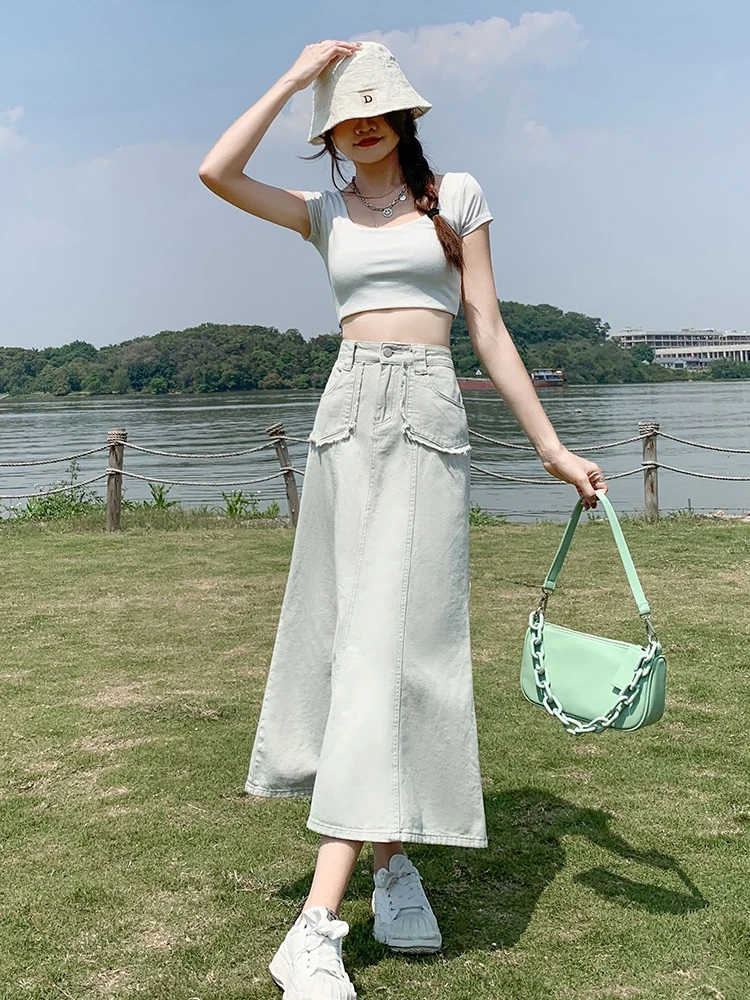 

Fashion Vintage Trumpet Skirt Women High Waist Loose Denim Long Skirts Female 2022 Summer New