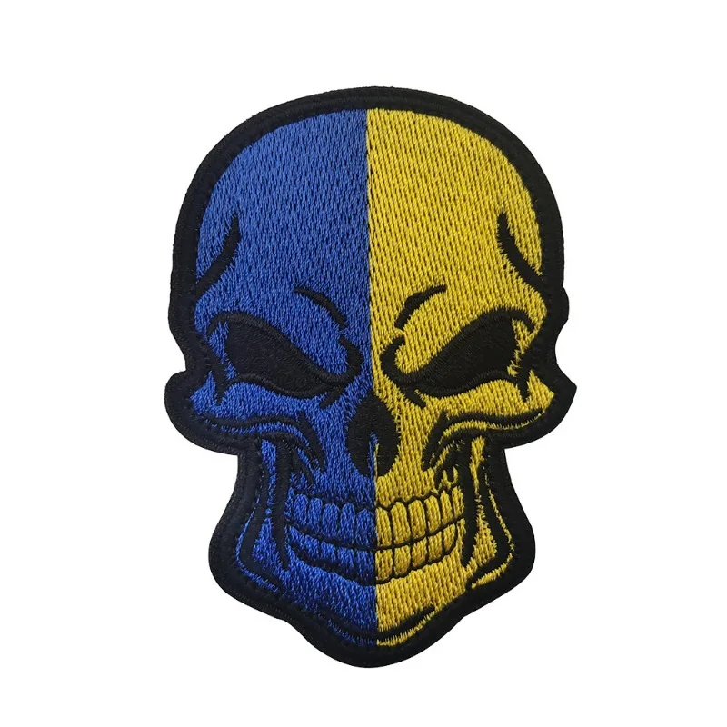 Bendera Ukraina tengkorak semanggi kait & Loop Patch Operasi Khusus bordir Armband taktis lencana pada ransel biru & kuning Patch