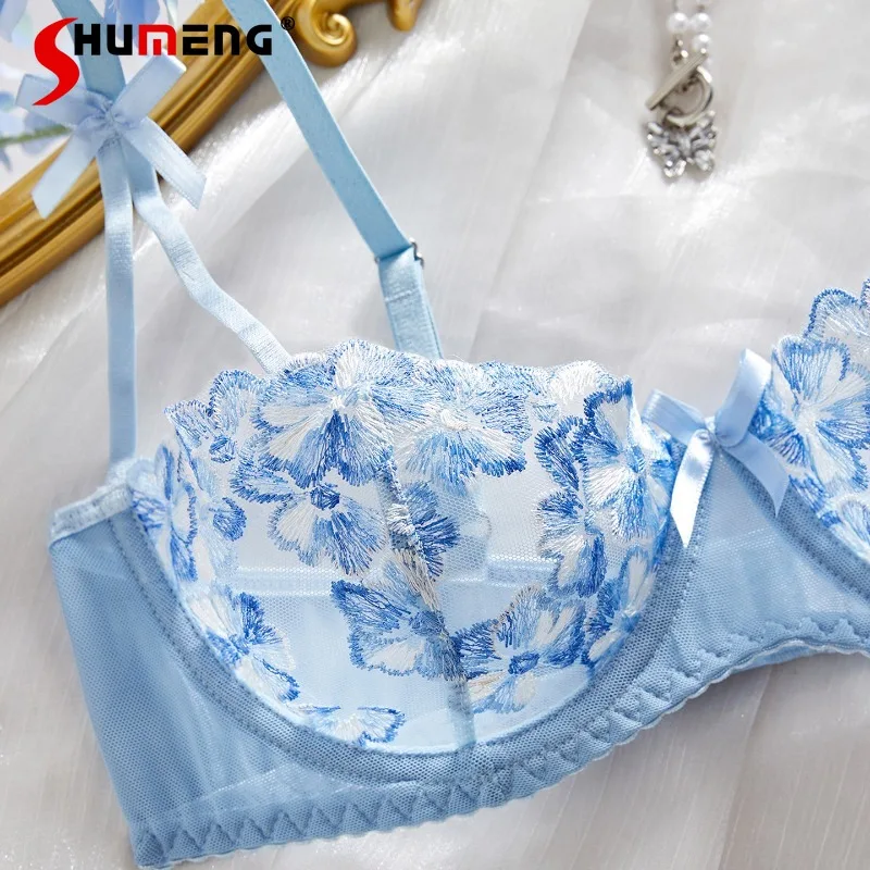 Blue Flower Sexy Lingerie Suits for Women Pure Desire Embroidered Bra Set with Underwire Female Push Up Ultra Thin Underwear