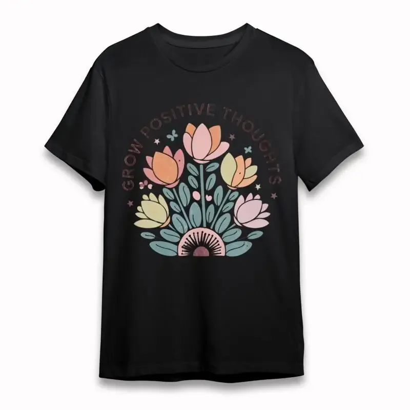 Women'S T Shirt With Grow Positive Thoughts Black 100 Cotton