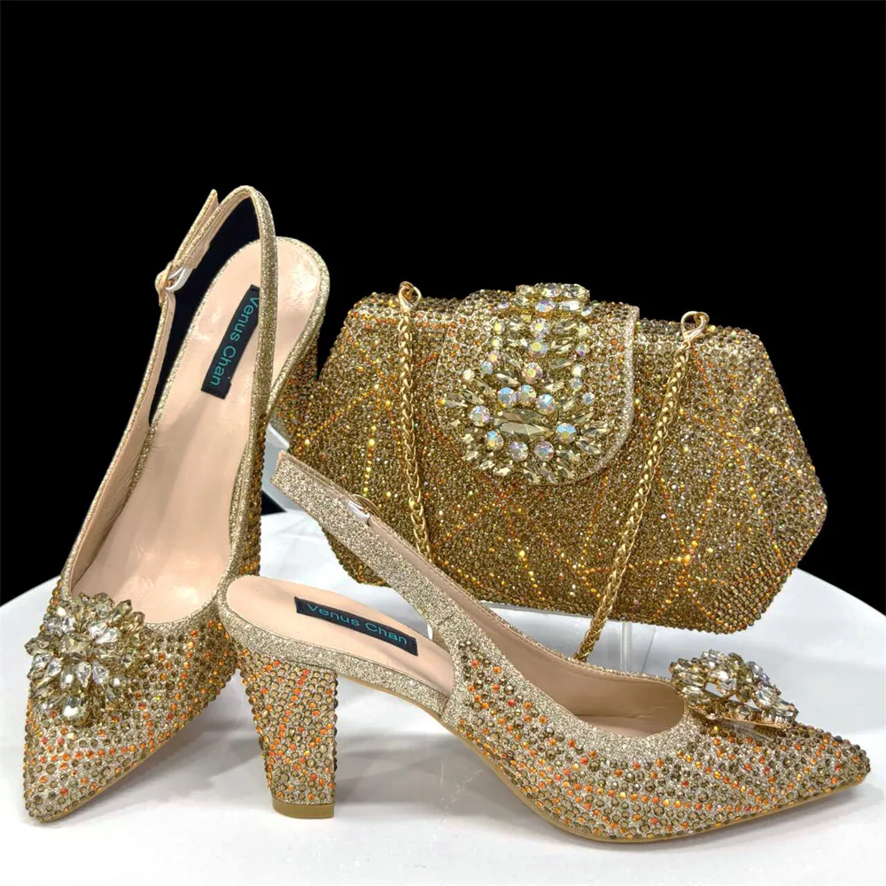 High Quality 2024 Italian Design Embossed Varnish Style Big Diamond Decoration Classic Noble Women Shoes and Bag Set