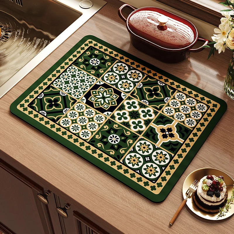 Bohemian Retro Printed Insulation Placemats Diatom Mud Absorbent Quick-Drying Drain Pad Dirt-Resistant Kitchenware Tableware Mat