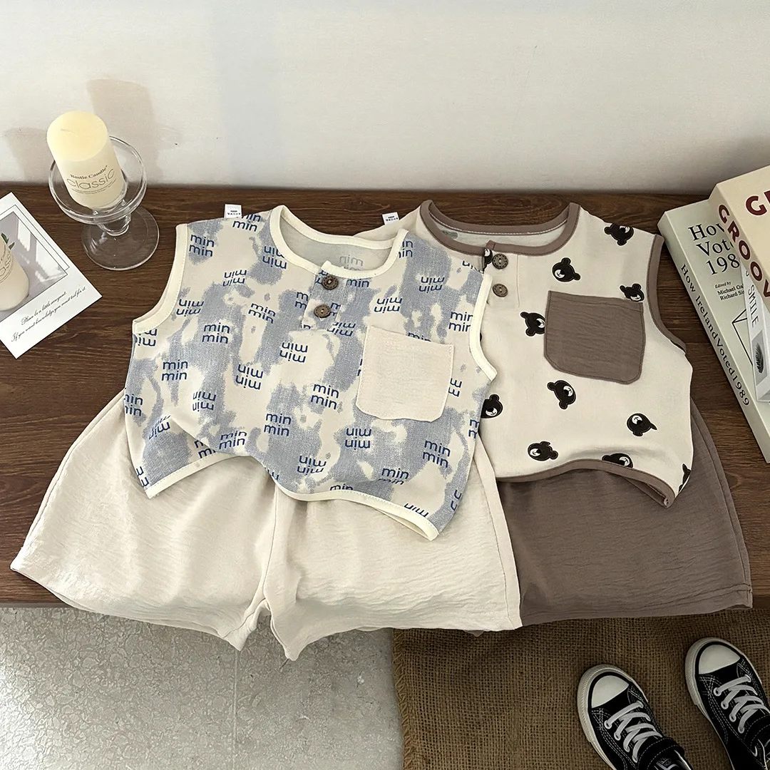 

2025 New Children's Sets Summer Thin Sleeveless Top Shorts Set for Boys Girls Loose Casual Baby Girl Clothes