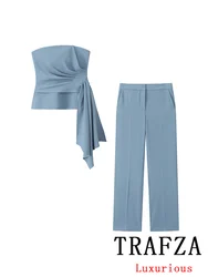 TRAFZA Vintage Casual Chic Solid Women Suit Strapless Sleeveless Pleated Top Loose Straight Pants New Fashion 2024 Autumn Suits