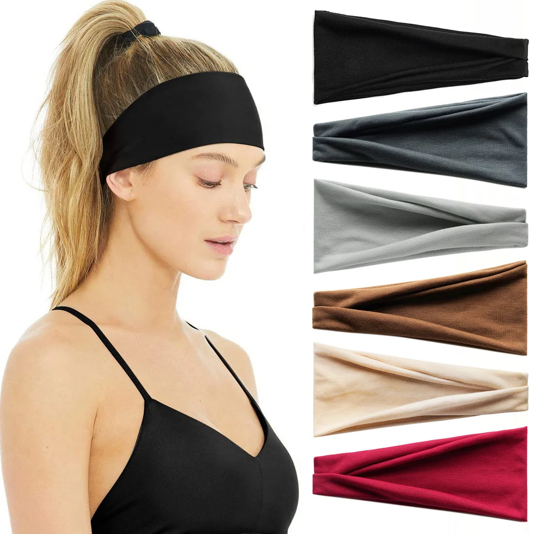 Diadema deportiva europea y americana de color liso para yoga, cinta absorbente de sudor, diadema para correr y hacer ejercicio para hombres y mujeres, banda elástica para el cabello, pañuelo de algodón.