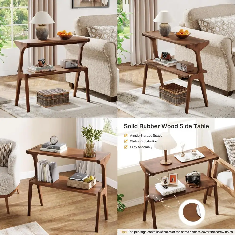 

Farmhouse Style Narrow Wood Side Table with Storage Shelves for Living Room, 2-Tier Slim Design for Couch Area, Long-lasting Dur