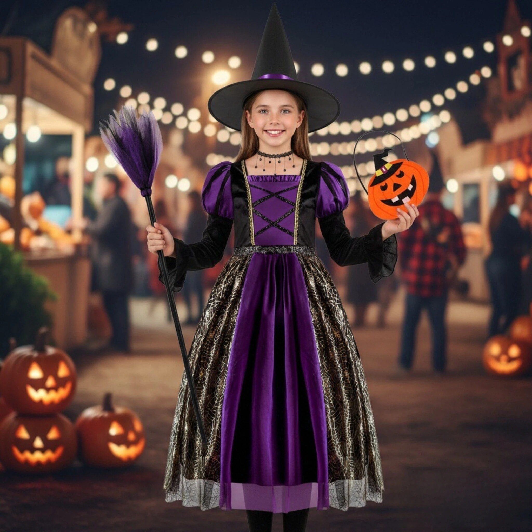 Mädchen Halloween Hexenkostüm Kinder Cosplay Vampir-Kleider mit Spitzem Hut Kinder Karneval Party Cosplay Faschingskostüm