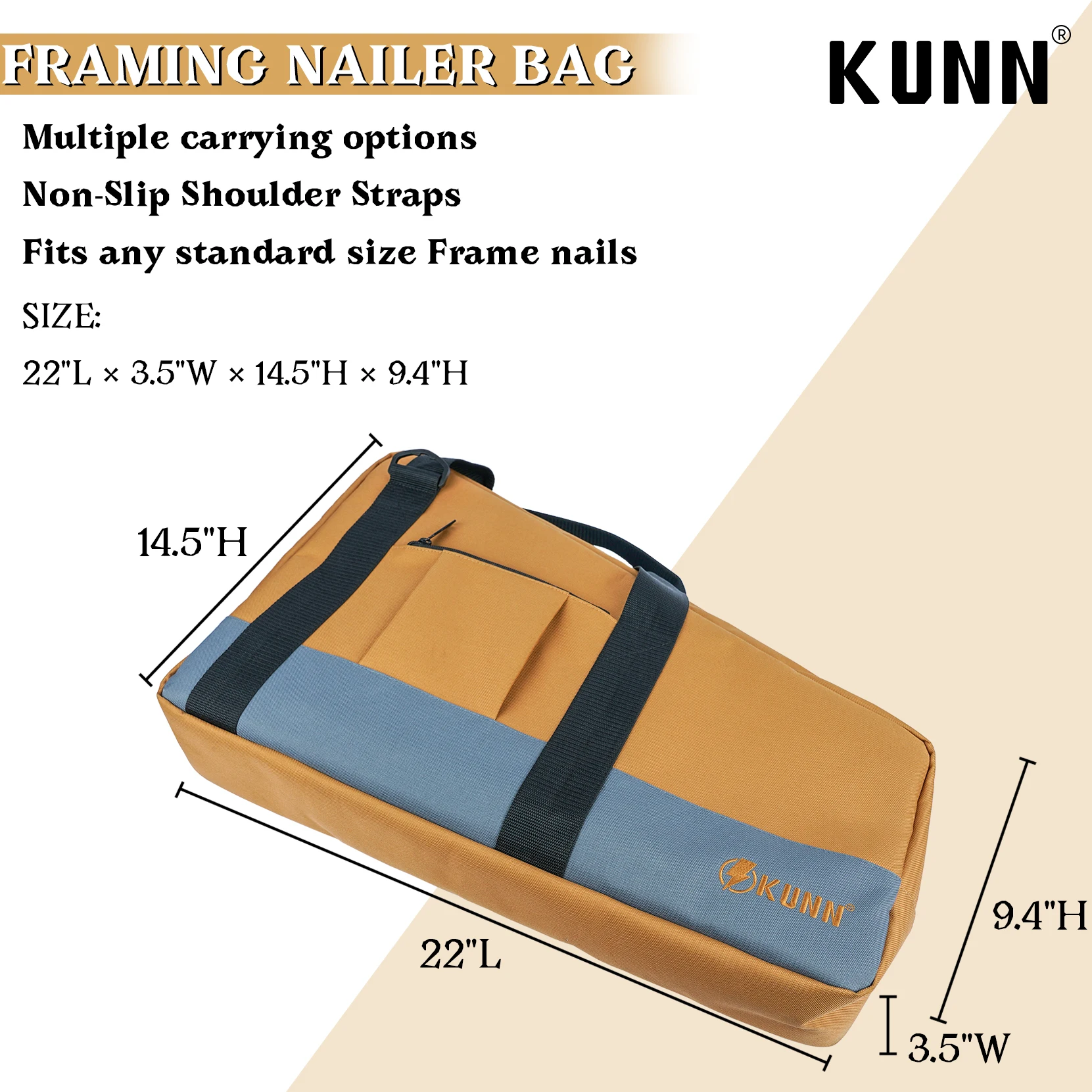 KUNN Framing Nailer Gun Bag with Adjustable Shoulder Strap,Dual Lockable Zipper,Extra pockets for Hitachi NR83A,NuMax SFR2190