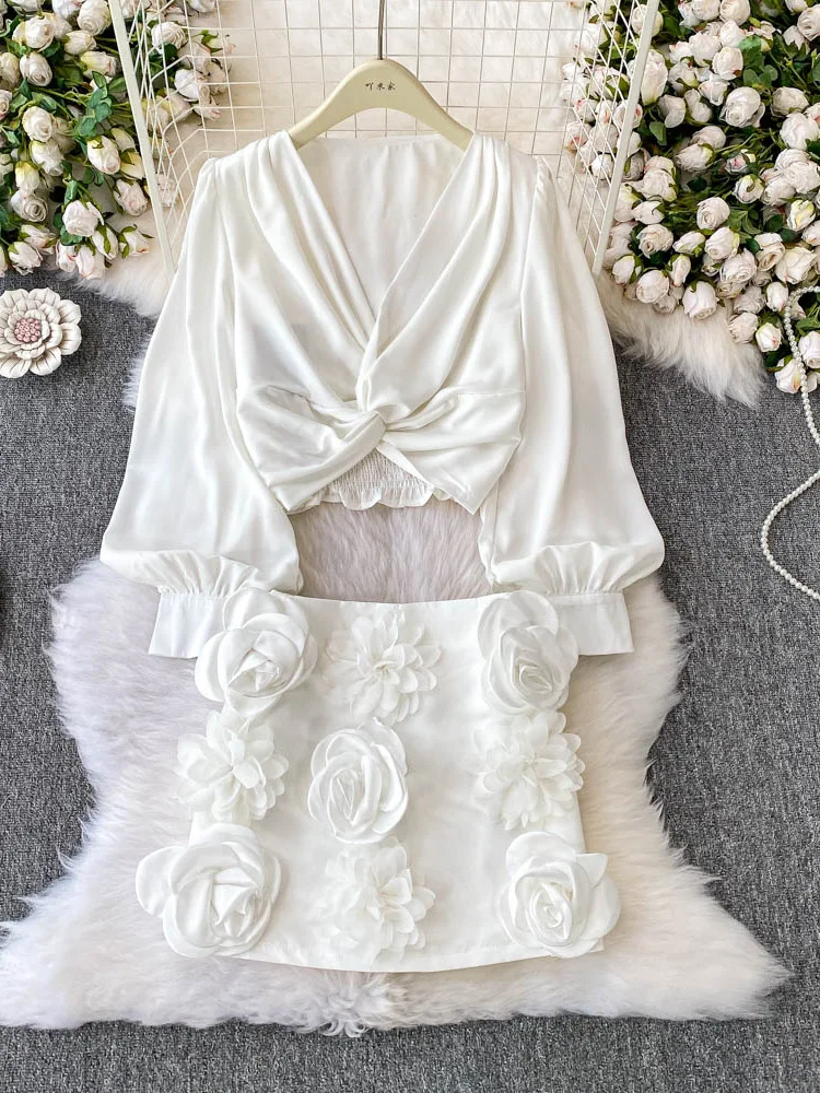 

Сексуальный длинный топ све с v-образным вырезом и узором для пикантных девушек, утягивающая юбка длиной f и комплект с тяжелыми объемными цветами