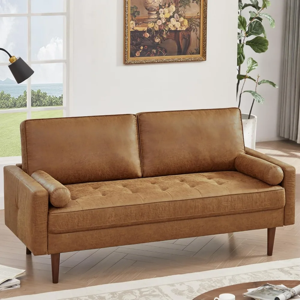 

58" Loveseat Sofa Couch, Mid Century Modern Faux Leather Couch with Hand-Sewn Deep Love Seat & 2Pillows, Home Sofa Living Room