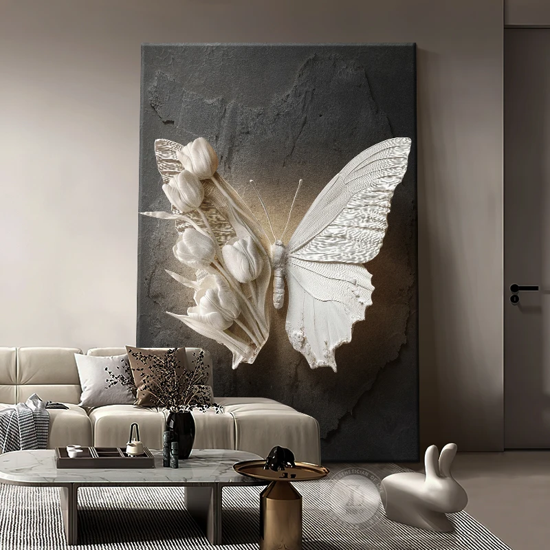 High sense black and white butterfly entrance decorative painting relief three-dimensional