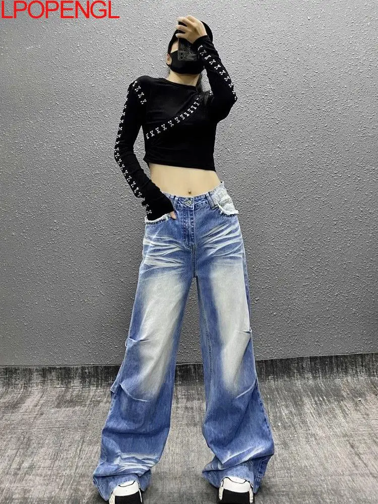 

Personalized Tie Dye Pleated Retro Patchwork Pocket Wide Leg Jeans Women's High Waisted Button Loose Streetwear Straight Pants
