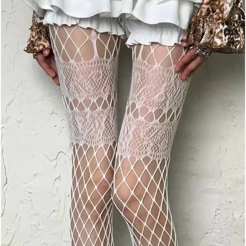 New Hollow Design Fishnet Pantyhose Sexy Women Tights High Waisted Anti Hook Lace Pantyhose Goth Punk Cool Slim Mesh Stockings - close-up view