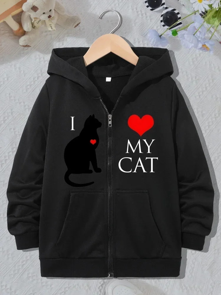 Kids Trendy Red Heart Cat Letter Chest Graphic Zip Hoodie Girls Long Sleeve Loose Lightweight Outerwear