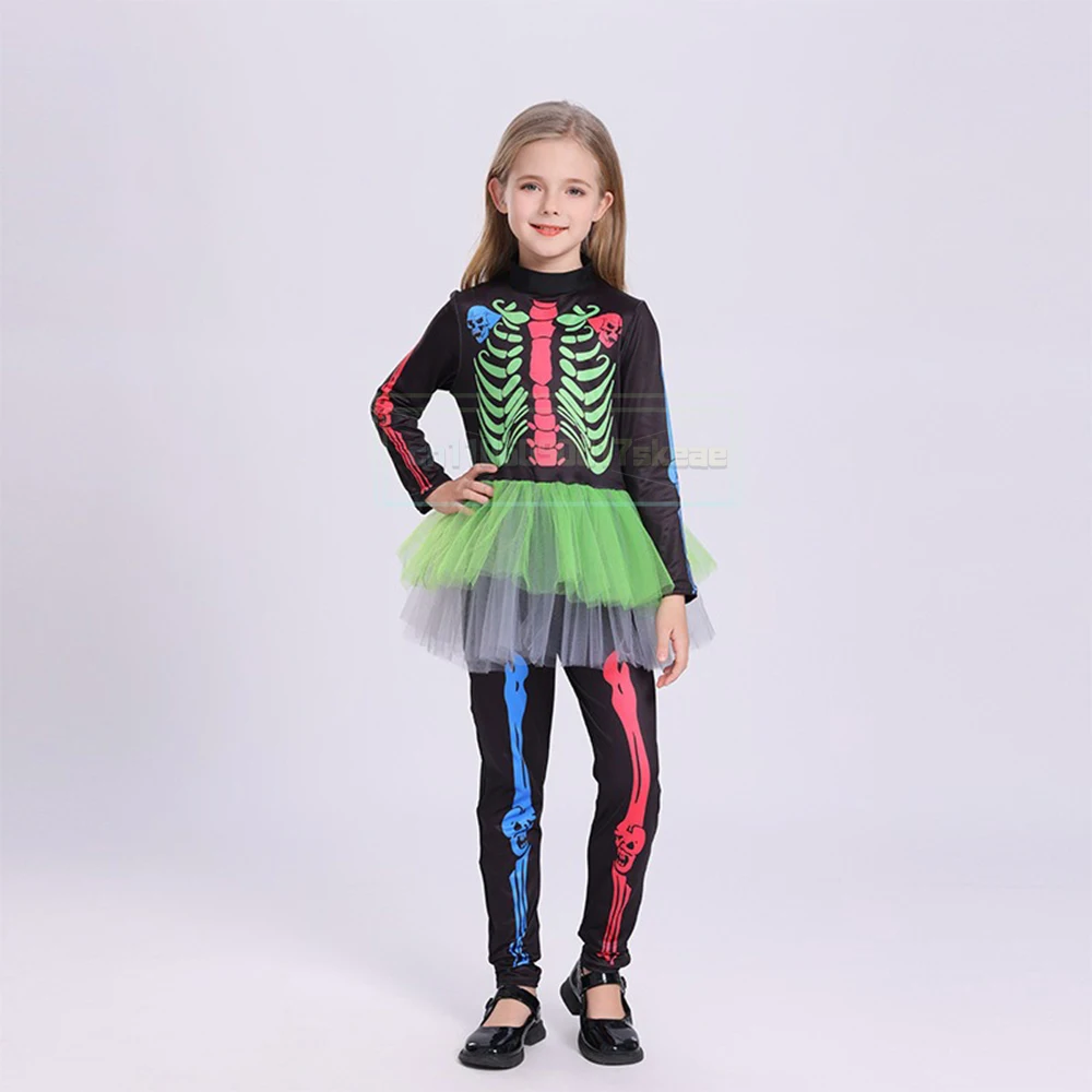 

Halloween Rainbow Skeleton Female Dress Colorful Skull Costume Toddler Funky Punky Bone Cosplay Outfit Carnival Fancy Apparel