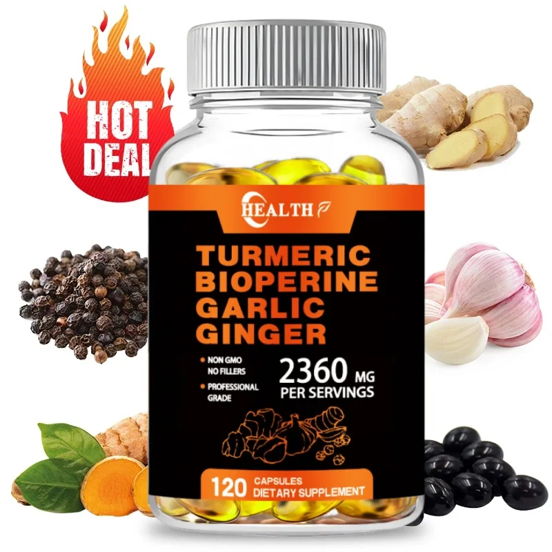 Turmeric Ginger Supplement with Pepperine 2360mg 4-in-1, Garlic Curcumin Black Pepper for Joints, Muscles, Digestion & Immunity