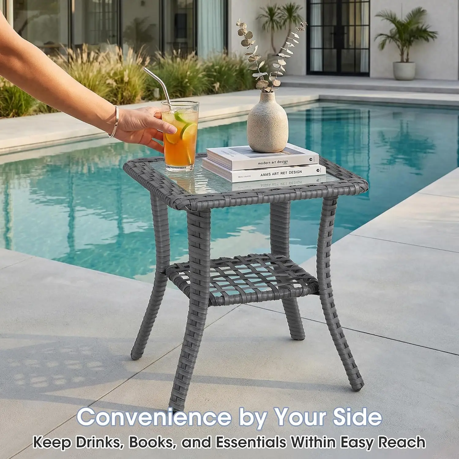 3-Piece Wicker Patio Set with 2 Swivel Rockers, Side Table, 6-Inch Cushions, High Back, Blue Covers for Porch & Deck, Customized