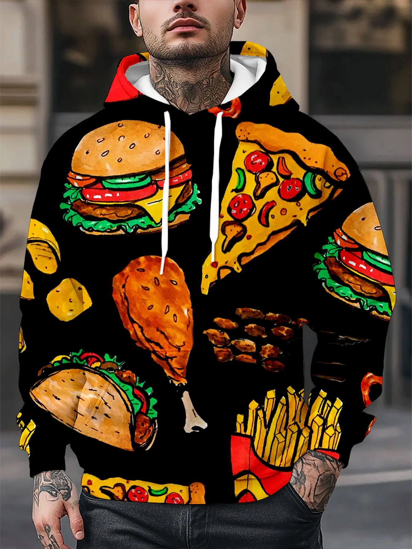 Unisex Fast Food Burger Pizza Fries Chicken Print Hoodie Black Base Long Sleeve Casual Street Pullover Sweatshirt