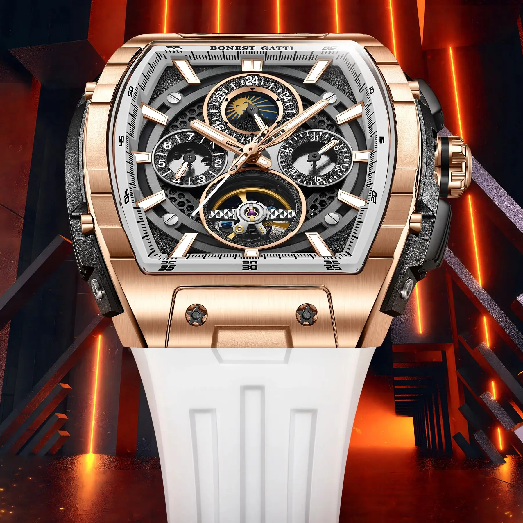 BONEST GATTI ساعة أوتوماتيكية للرجال Tonneau ساعة يد ميكانيكية مقاومة للماء الياقوت مضيئة تاريخ الأسبوع 24 ساعة حزام مطاطي فلوري