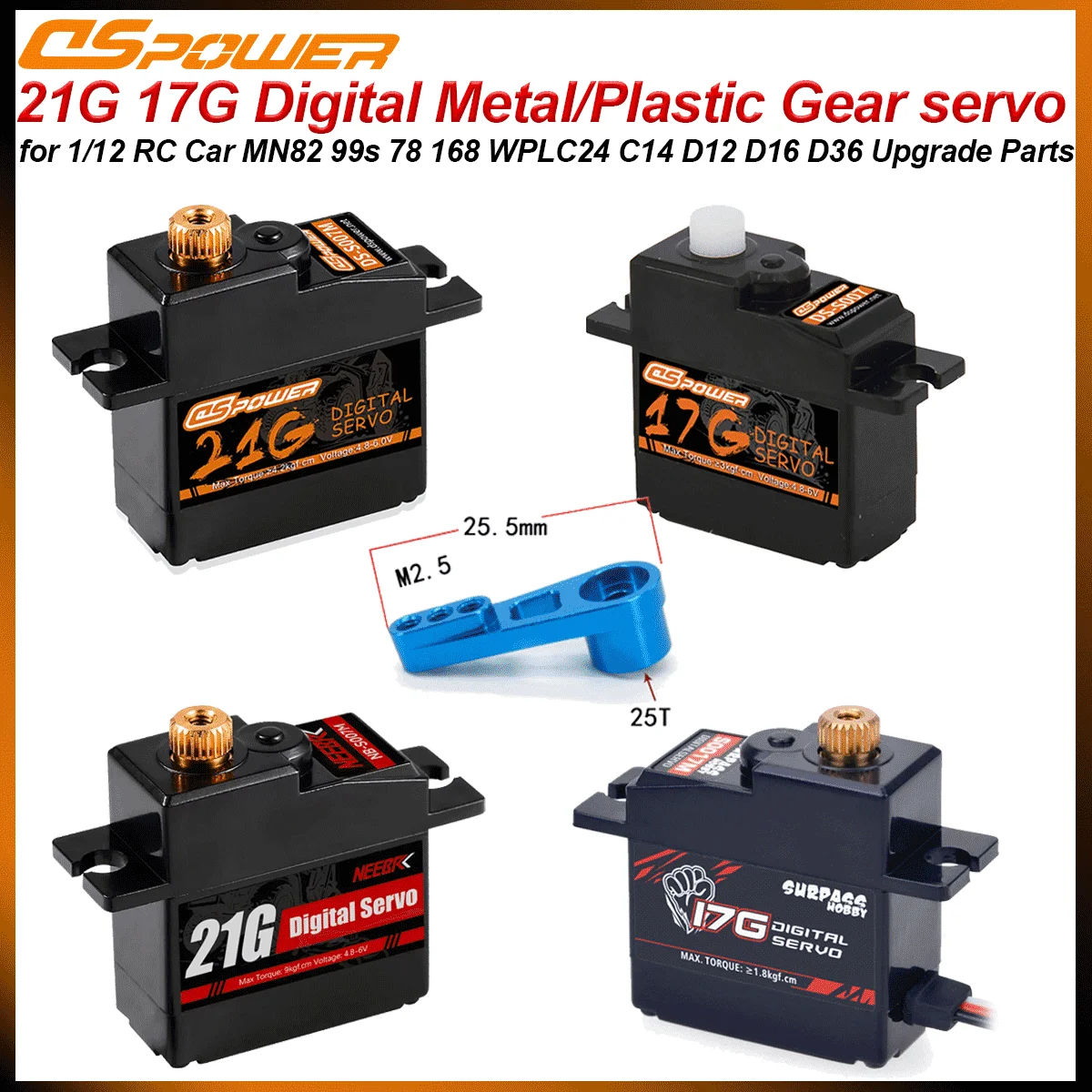 21g 17g Metal/Plastic Digital Servo RC Servo for MN82 99s 68 WPLC24 C14 D112 D16 1/12 RC Crawler Car Upgrade Parts W Servo Arm