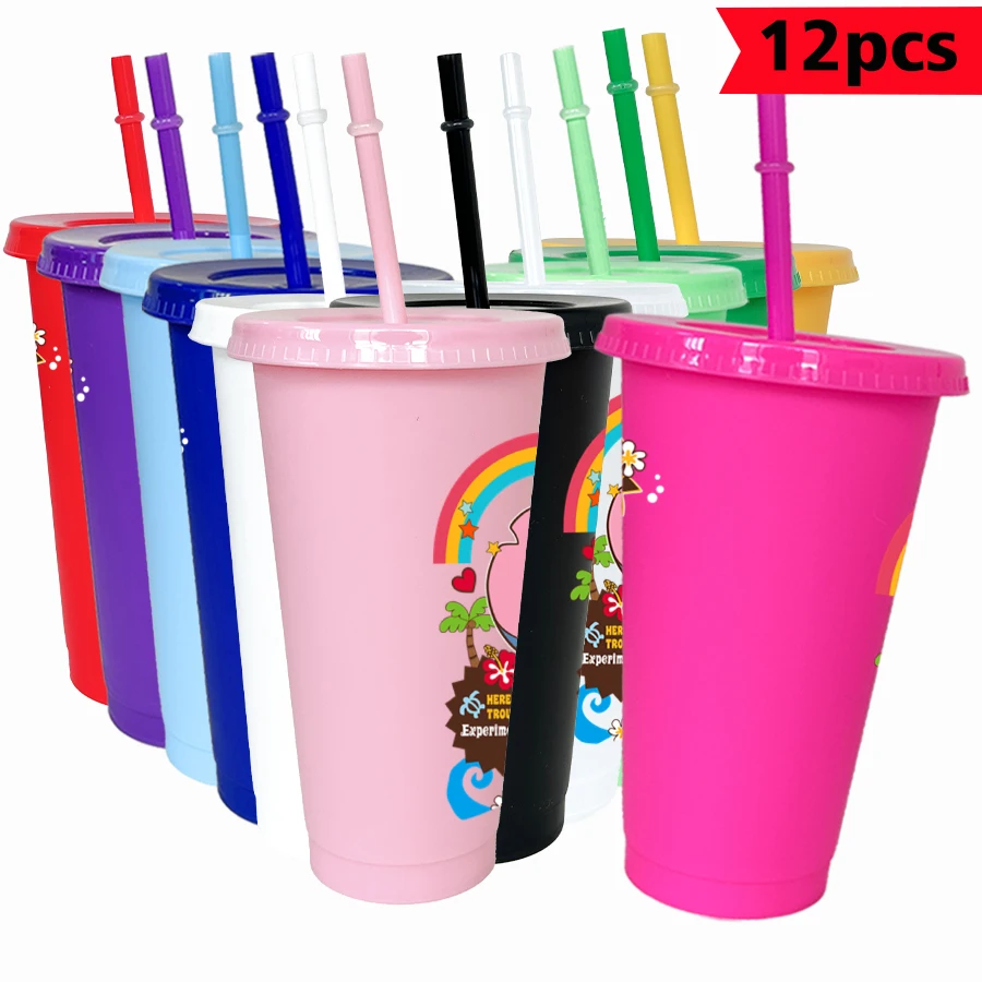 

12Pcs/pack disney rainbow flower 26oz colorful plastic tumbler birthday party drinking utensils juice coffee cup