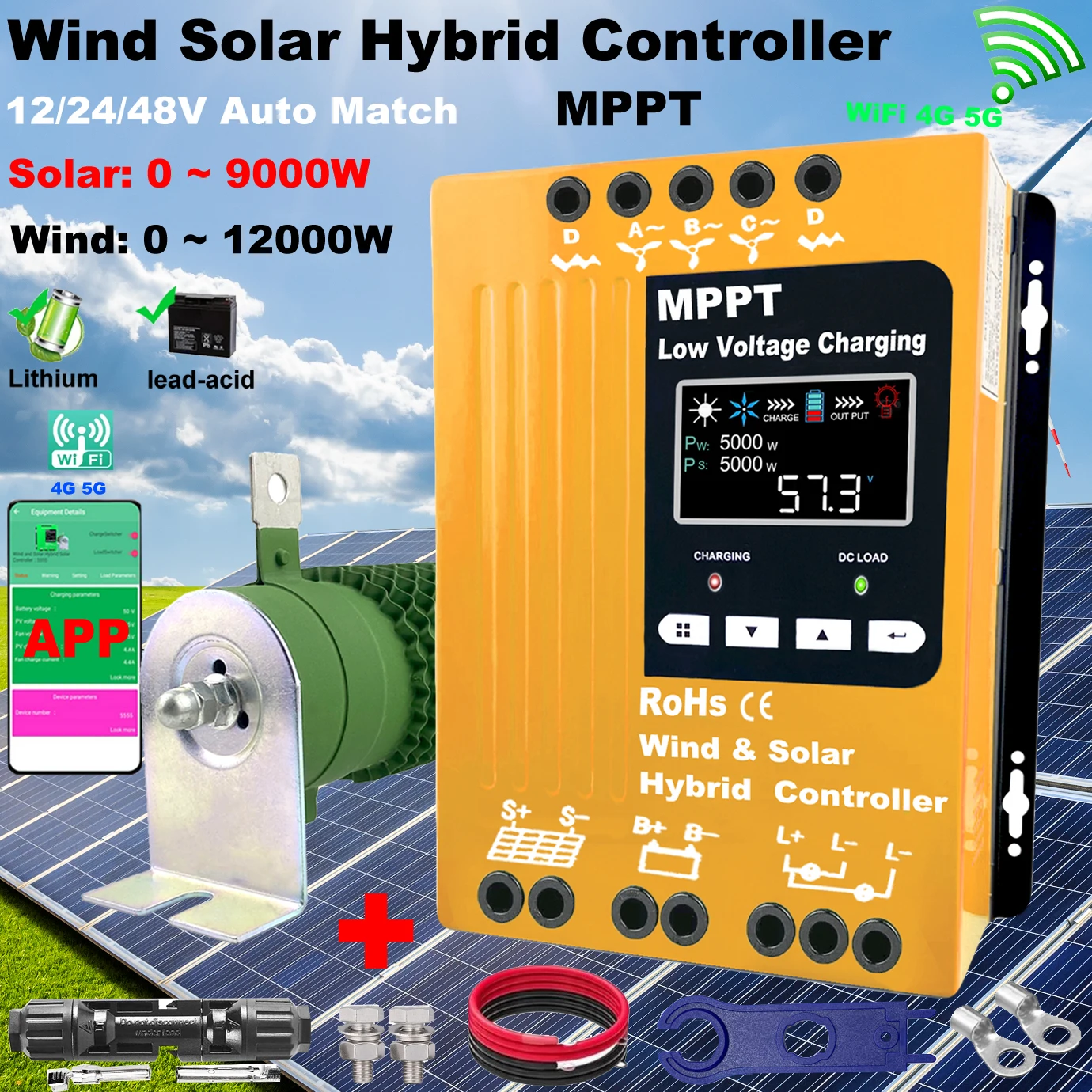 4000W 5000W 6000W 8000W MPPT Hybrid Wind Solar Charge Booster WIFI Controller For 12V 24V 48V Lifepo4 Lithium Lead Acid Battery