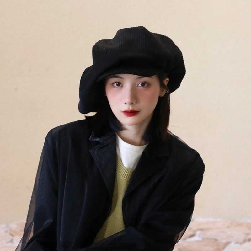 Y2K Corduroy Mushroom Hat Fashion Large Cloud Hat Autumn Winter Black Octagonal Cap Women Face Small Painter Caps Gorras