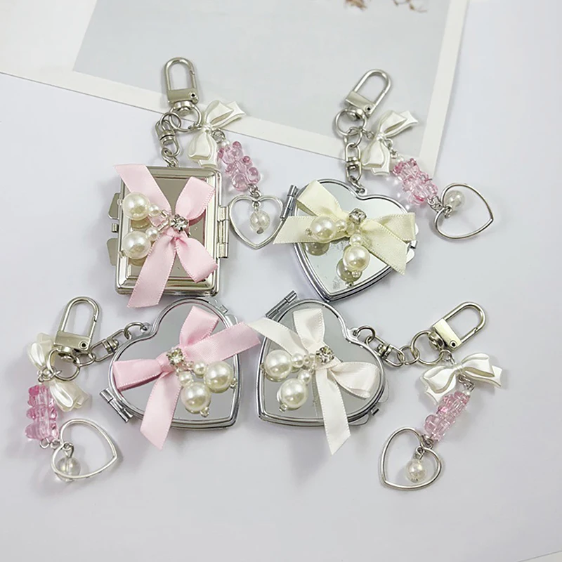 Pearl Bowknot Metal Keychain With Heart Shaped Mirror INS Style Bag Keyring Sweet Fashion Earphone Camera Pendant Gift