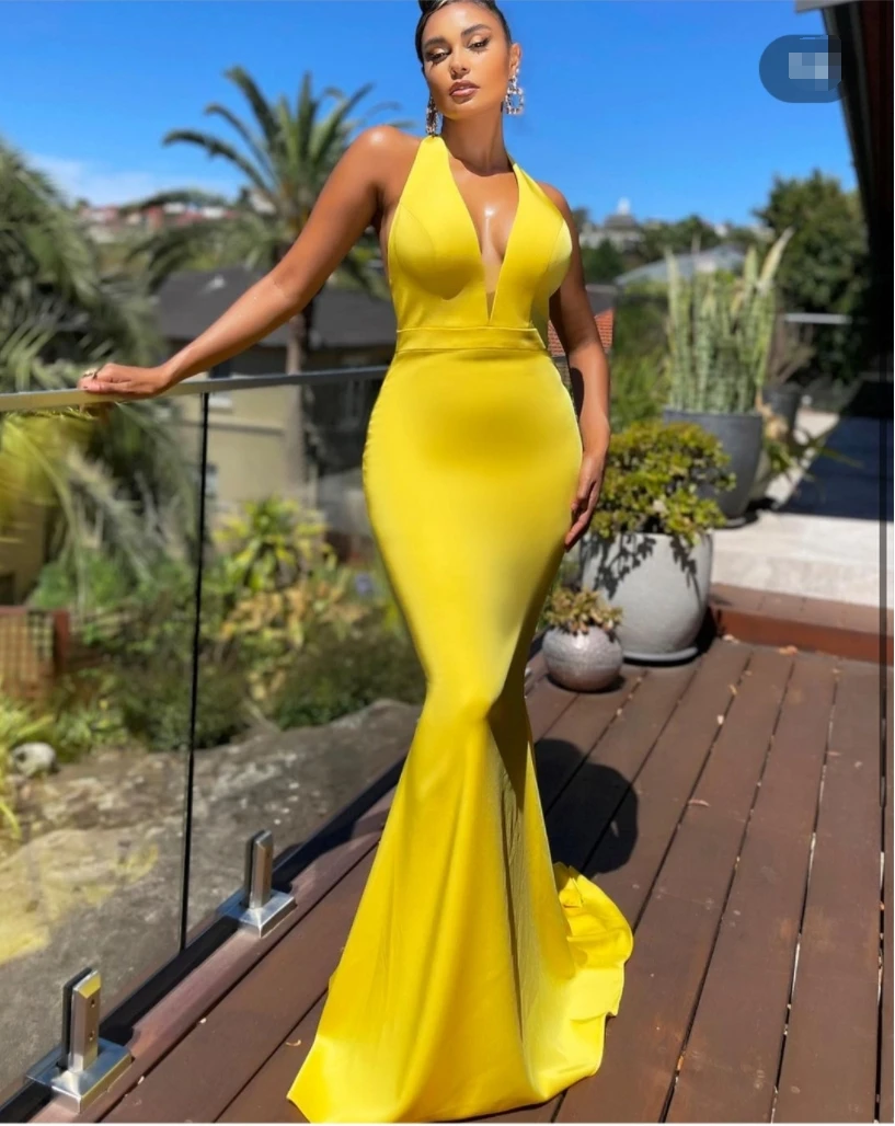 

Mermaid/Sheath Evening Dress with Sweep Train Halter Prom Dress Open Back Party Wear Dress vestidos de noche فساتين السهرة