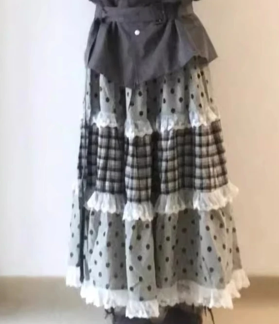 Women A-line Skirt  Plaid Polka Dot Lace Patchwork Ruffles Harajuku Korean Style Midi Skirt New Arrival C
