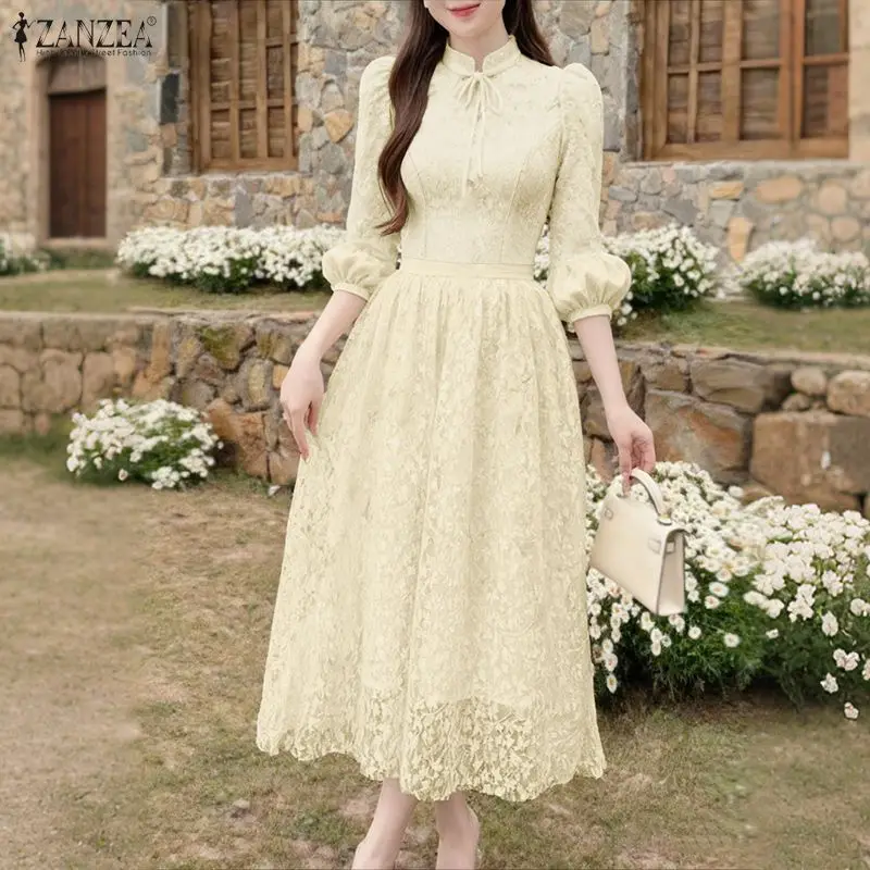 Stilvolle Damen-Kleider mit Spitzen-Patchwork ZANZEA Frühling Sommer Laternenärmel Sommerkleid 2026 Elegantes Partykleid A-Linie Tailliertes Kleid