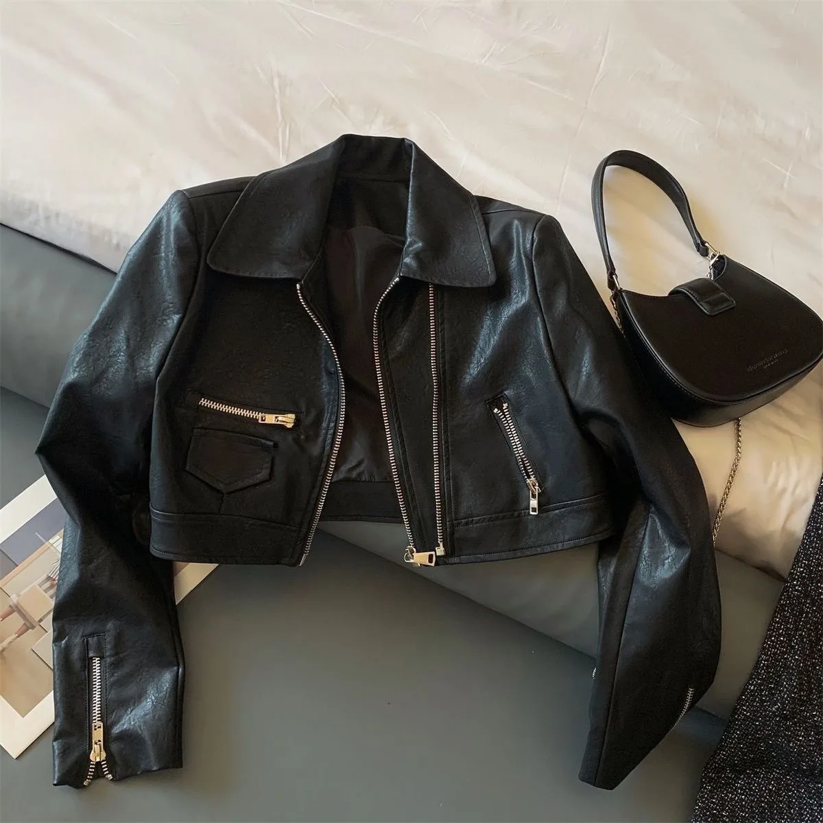 

OFTBUY Zipper Leather Jacket Demi-season Jacket for Women Luxury Faux Jacket with Stand Collar Fashion Leather Jacket for Women