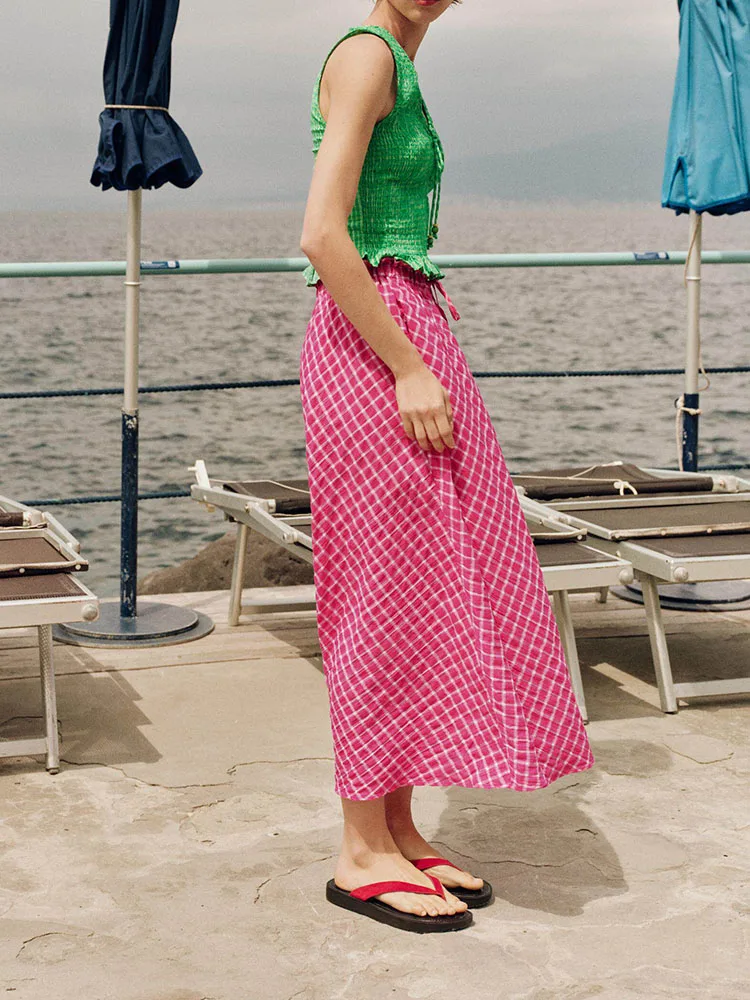 Summer New Arrival Women's Midi Skirt A-Line Plaid Holiday Style Elastic Waist  Dress for 18-25 Years Old Women