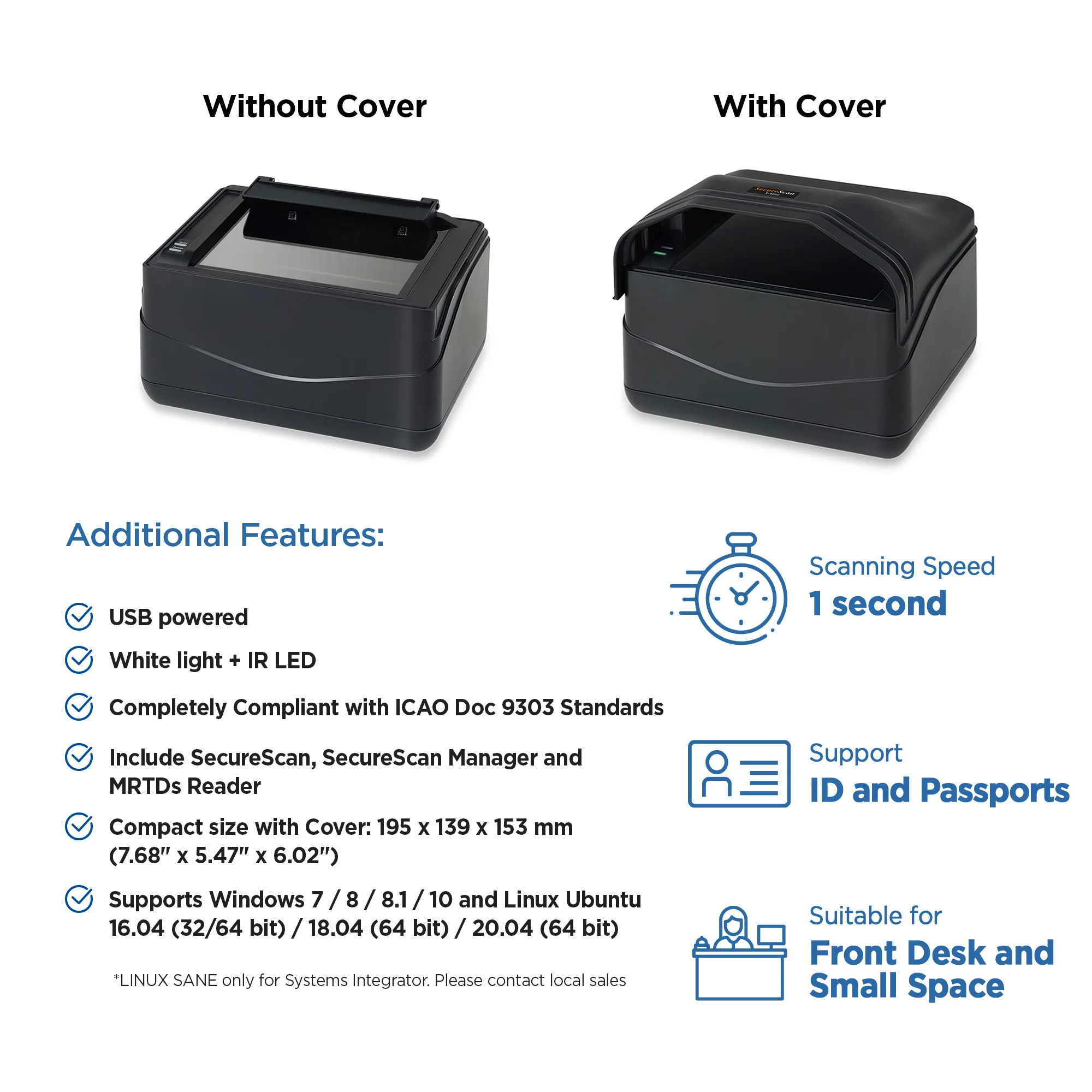 Plustek SecureScan X-Mini Passport Scanner  ID Drivers License Reader - Read Compatible ICAO Doc 9303 Standard with Recognition