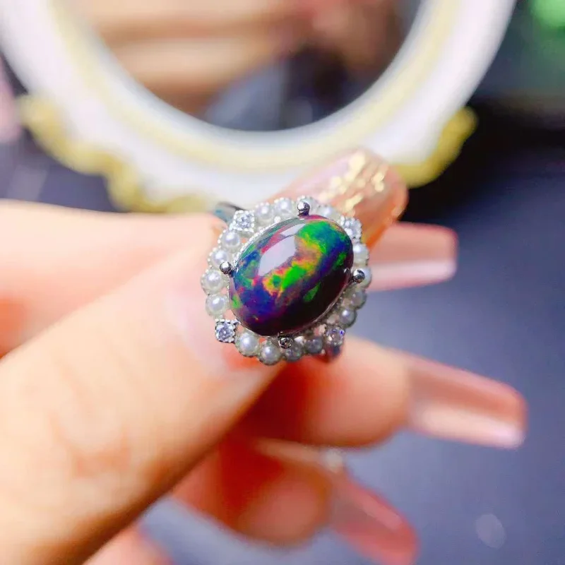 Natural Australia Black Opal Ring 8*10MM Gemstone 925 Sterling Silver Jewelry for Women Wedding Engagement Gift