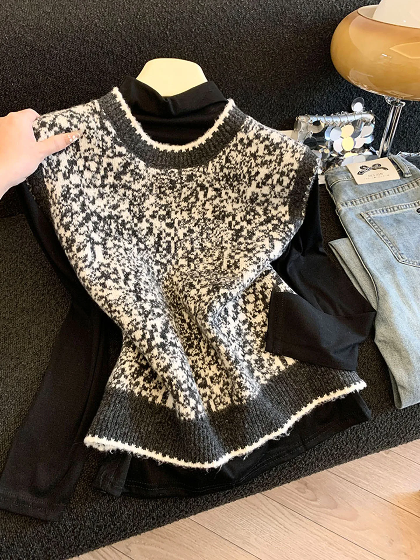 

Emily Clud Color Blo Knitted High Collar Sweater Women's Two Piece Set Warm Faionable Base Layer Top for Winter