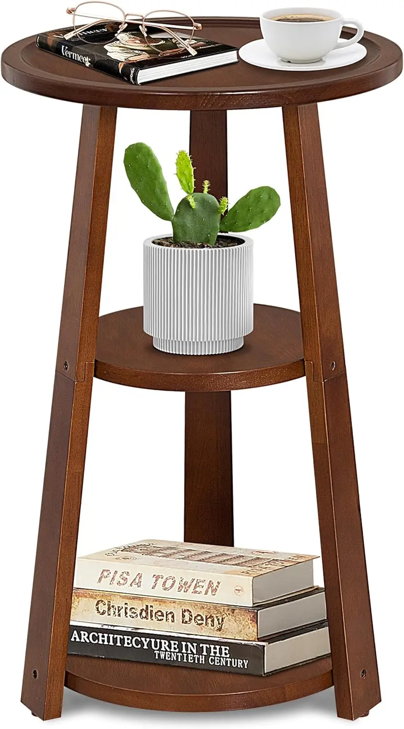 

3-Tier Round Side Table, Solid Wood End Table & Nightstand for Small Spaces, Compact Accent Table for Living Room, Bedroom, O