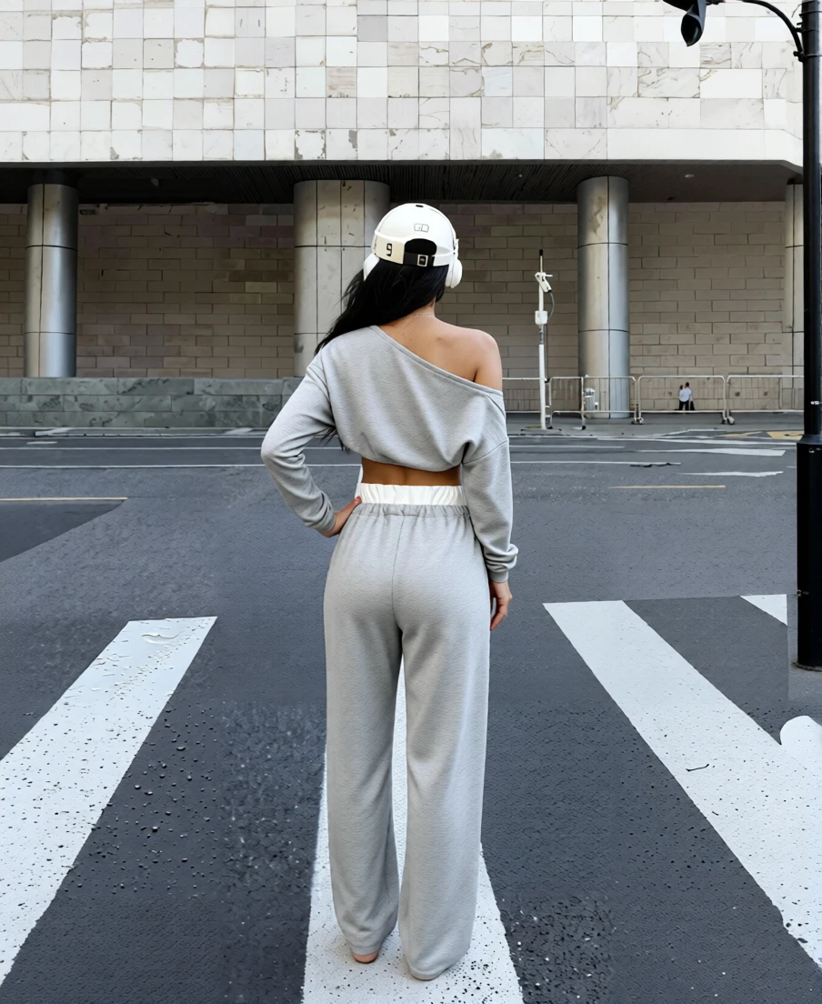 Women's spring and autumn casual style light grey single-shoulder off-the-shoulder set, wide-leg pants two-piece set, casual