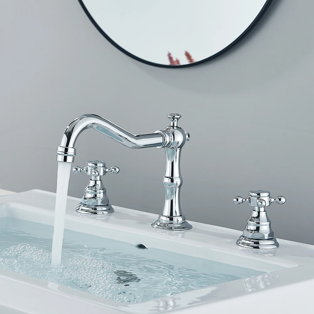 Uythner Black Basin Faucet Dual Handles Bathroom Tub Faucet Deck Mounted Hot and Cold Water Mixer Basin Tap Widespread 3 Holes