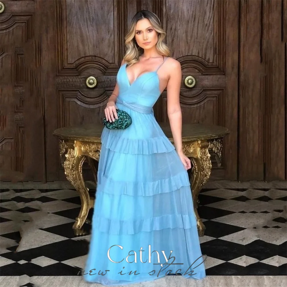 

Cathy Sky Blue A-line Tulle Prom Dress Elegant Spaghetti Strap فستان حفلات الزفاف Sexy V-neck vestidos de festa for Formal Party