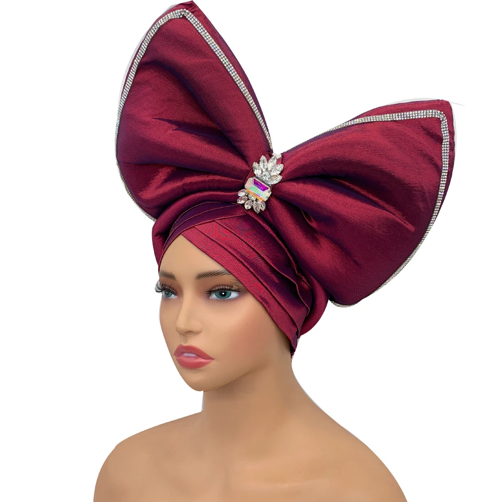 

Exaggerated Big Bowknot Turban Caps for Women Luxury Rhinestone African Auto Gele Headtie Nigerian Party Headdresses Headpiece