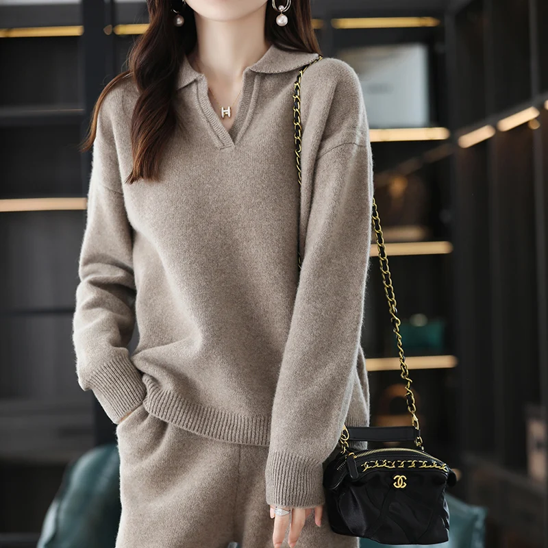 Autumn Winter 2022 New Cashmere Suit Women Loose Lapel Sweater Korean Fashion Wide-leg Pants Knit 100% Pure Wool Two-piece Suit