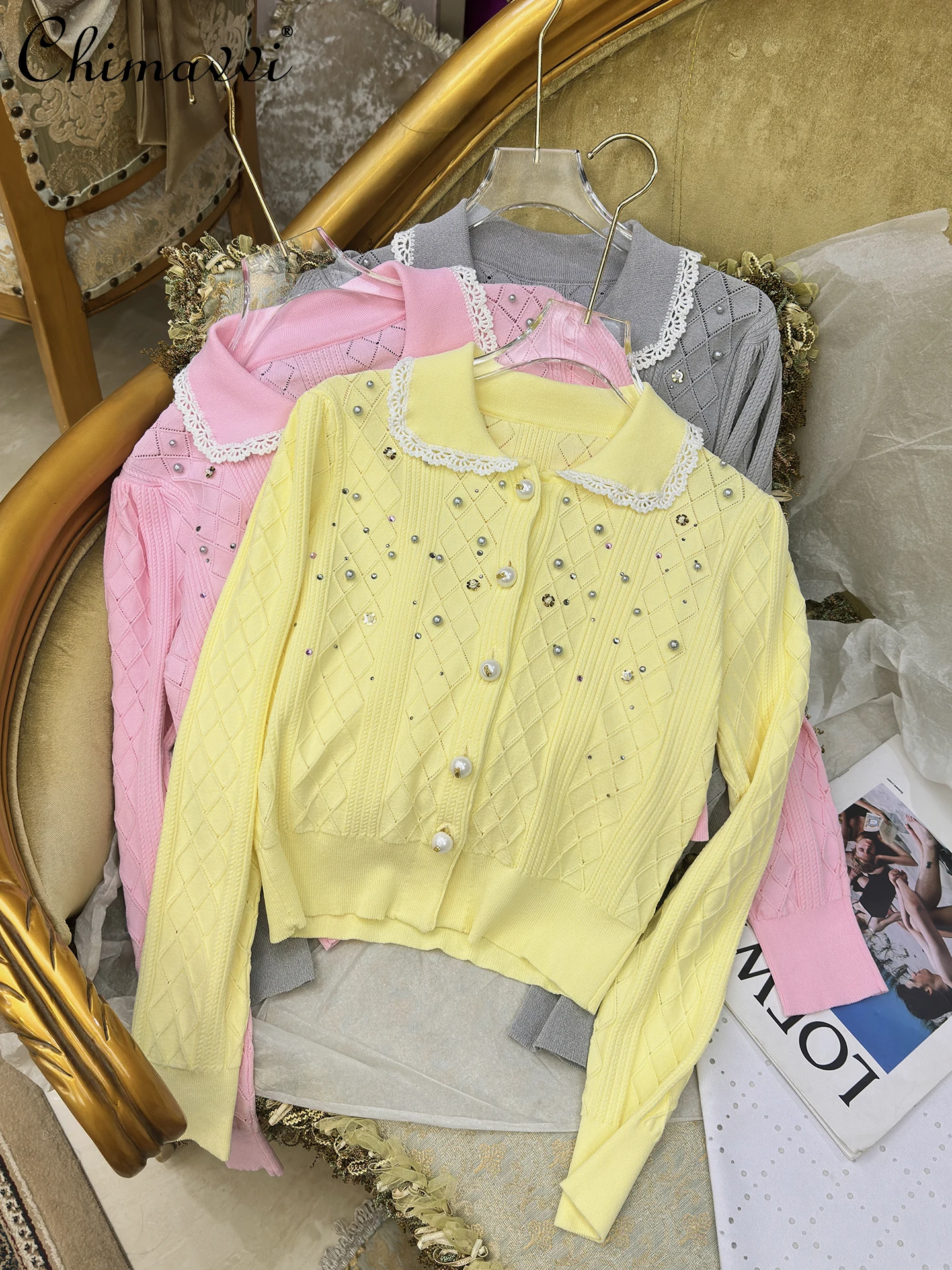 

2025 Autumn New Heavy Beaded Doll Collar Slim-fit Sweet Girl Knitted Cardigan Fashion Long Sleeve Loose Elegant Sweater Women